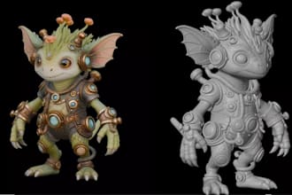 sculpt 3d fantasy creature character,3d robot model,in zbrush, 3d cute miniature