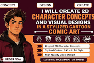 create 2d character concepts and visual designs in a stylized cartoon comic art