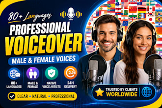 professional male or female multilingual voiceover in 80 plus languages