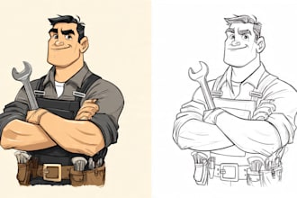 draw black and white funny cartoon line art