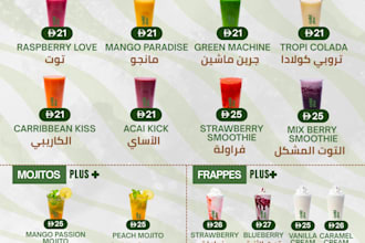 design a professional food menu, restaurant menu or cafe menu