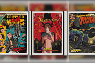 draw vintage comic art illustration in retro 50s 60s for poster cover characters