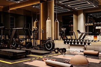 refine 3d gym indoor design,gym facility, fitness center,commercial space render