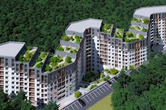 refine 3d building complex, sustainable apartment,high rise elevation,skp render
