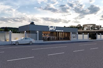 render 3d exterior sport pub and restaurant,interior design,lounge,food village