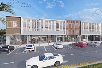 render 3d multiuse complex,shopping plaza,retail exterior layout,cgi parking lot