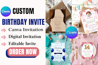 design a custom birthday card, digital invitation, canva editable invite