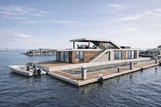 render3d luxury floating house,luxury living,solar panel plan design,ocean villa