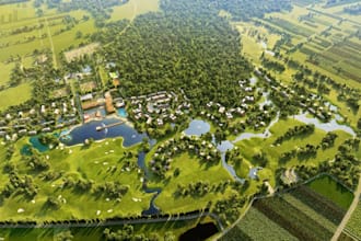 do master plan, 3d golf club field, aerial view render