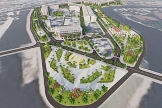 visualise 3d urban landscape,render cgi public park,city view design,site layout