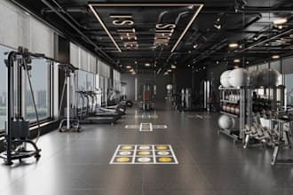 create realistic cgi 3d gym interior fitness center sport pilate studio render
