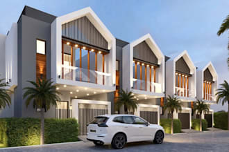 do row house renovation design, street 3d visualization, exterior park rendering