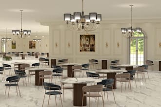 neoclassical 3d restaurant design, cafe space layout, interior design,3d bar,cgi