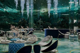 visualize 3d underwater restaurant,glass walls,aquatic,cafe,beach,3d element,pub