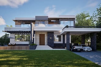 draw residential building 2d plan, model 3d villa exterior, architectural render