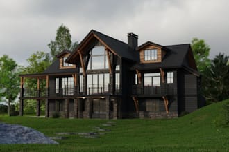 visualize 3d cottage house, stilt house design, country house, farm house render