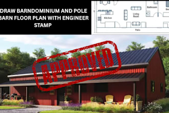 draw barndominium and pole barn floor plan with engineer stamp for approval