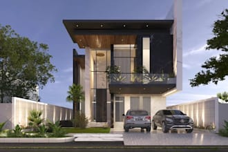 design modern 2 story villa,exterior facade, landscape render,3d house elevation