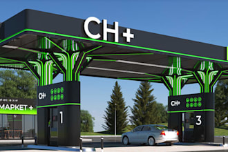 redesign luxury gas station,convenient store layout,retail fuel station,pump hub
