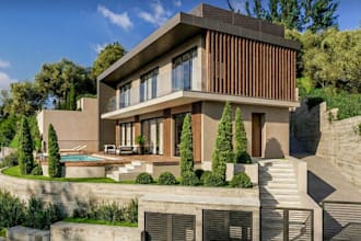 design classic villa, hill house design, front elevation rendering, pool facade