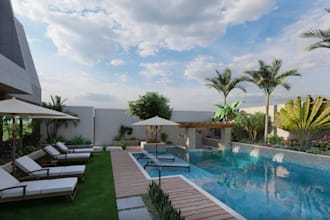 model resort floorplan, 3d hotel exterior design, modern tropical house render
