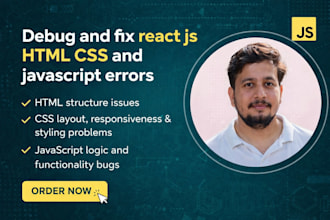debug and fix react js HTML CSS and javascript errors