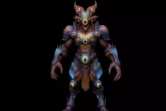 sculpt 3d multieyed creature,stylized fantasy warrior,action adventure,ue5 model