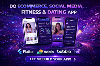 do ecommerce social media fitness dating app, flutter adalo bubble v0 rork app
