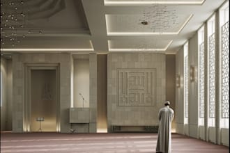 construct mosque interior,worship space rendering,ablution area,cinematic mosjid