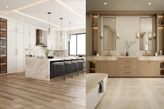create photorealistic 3d kitchen and bathroom render