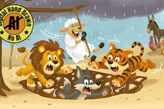 draw funny and cute animal childrens book illustration