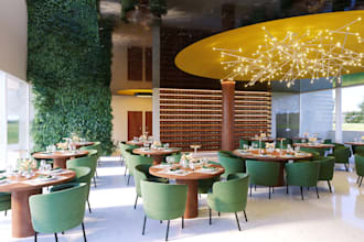 remodel hospitality building interior, coffee lounge design, retail space render
