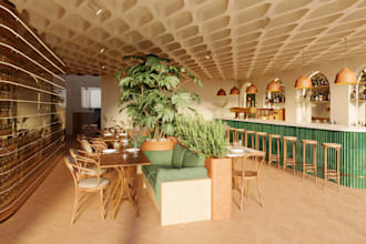 render cgi commercial kitchen interior, fine dining, 3d restaurant design, vray