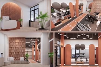 do cgi gym interior, 3d fitness center, climbing gym, studio with 3d walkthrough