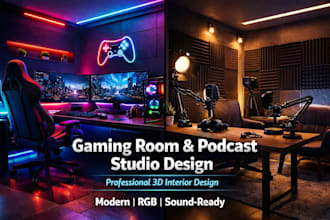 design modern gaming room and 3d podcast recording room interior and exterior