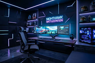 design modern gaming room, streaming room and 3d podcast studio interior