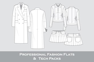 professional fashion tech packs and flat drawings