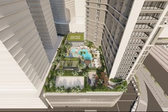 design modern residential tower, building landscape, render lounge interior