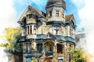 do house or building photo into watercolor art