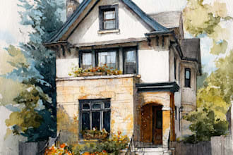 create a hand painted watercolor house portrait of your home