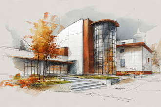 sketch architecture building with watercolor rendering