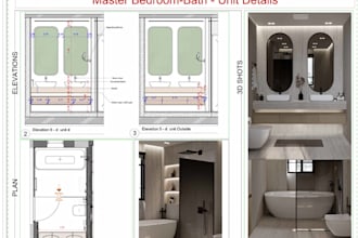 redraft 2d master bedroom plan, bathtub layout, sink, walk in shower, elevations