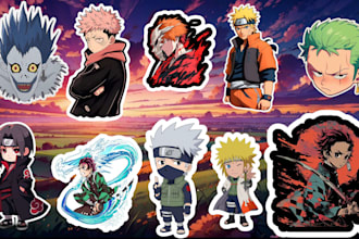 design manga or anime stickers, chibi kawaii art style like demon slayer and jjk