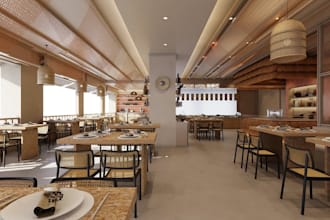 design 3d modern restaurant interior,cafe interior, cozy aesthetics, asian style