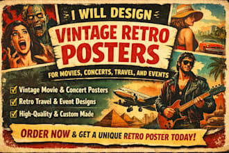 design vintage retro posters for movies, concerts, travel, and events