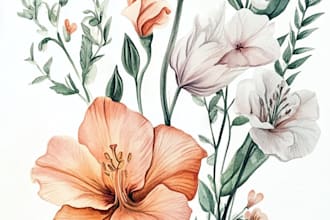 line art illustrations, botanical flowers, plants