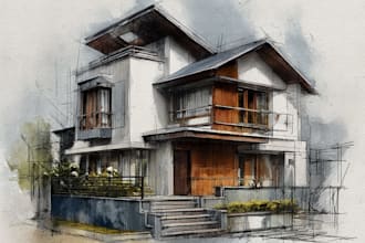 sketch architecture building or houses with watercolour