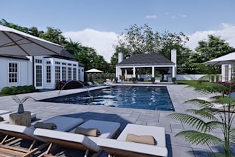 design backyard landscape outdoor garden, pool pergola 3d landscape rendering