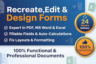 design, recreate PDF, ms word, excel, and editable fillable PDF forms