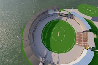 visualize 3d cricket stadium, football track, sport facility, field turf render